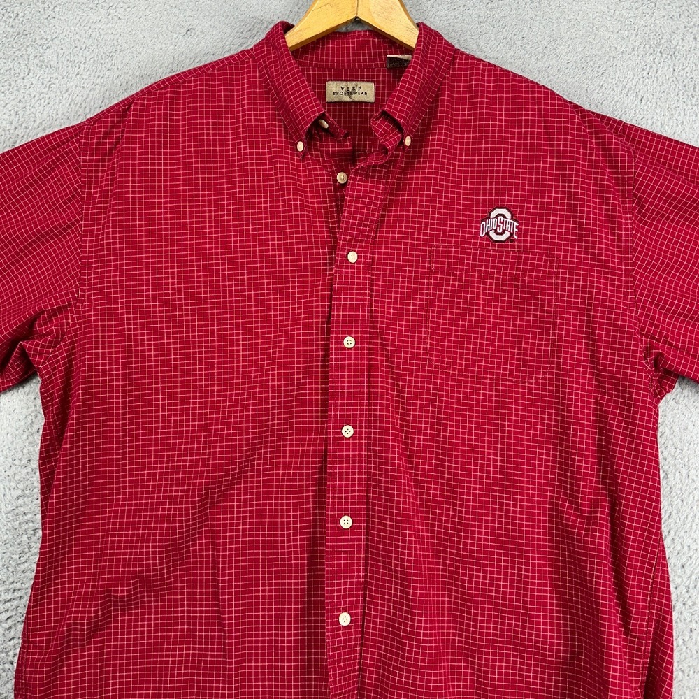 Ohio State Buckeyes Button Down Shirt Mens 2XL Red Grid Check Pocket Logo Vesi‎